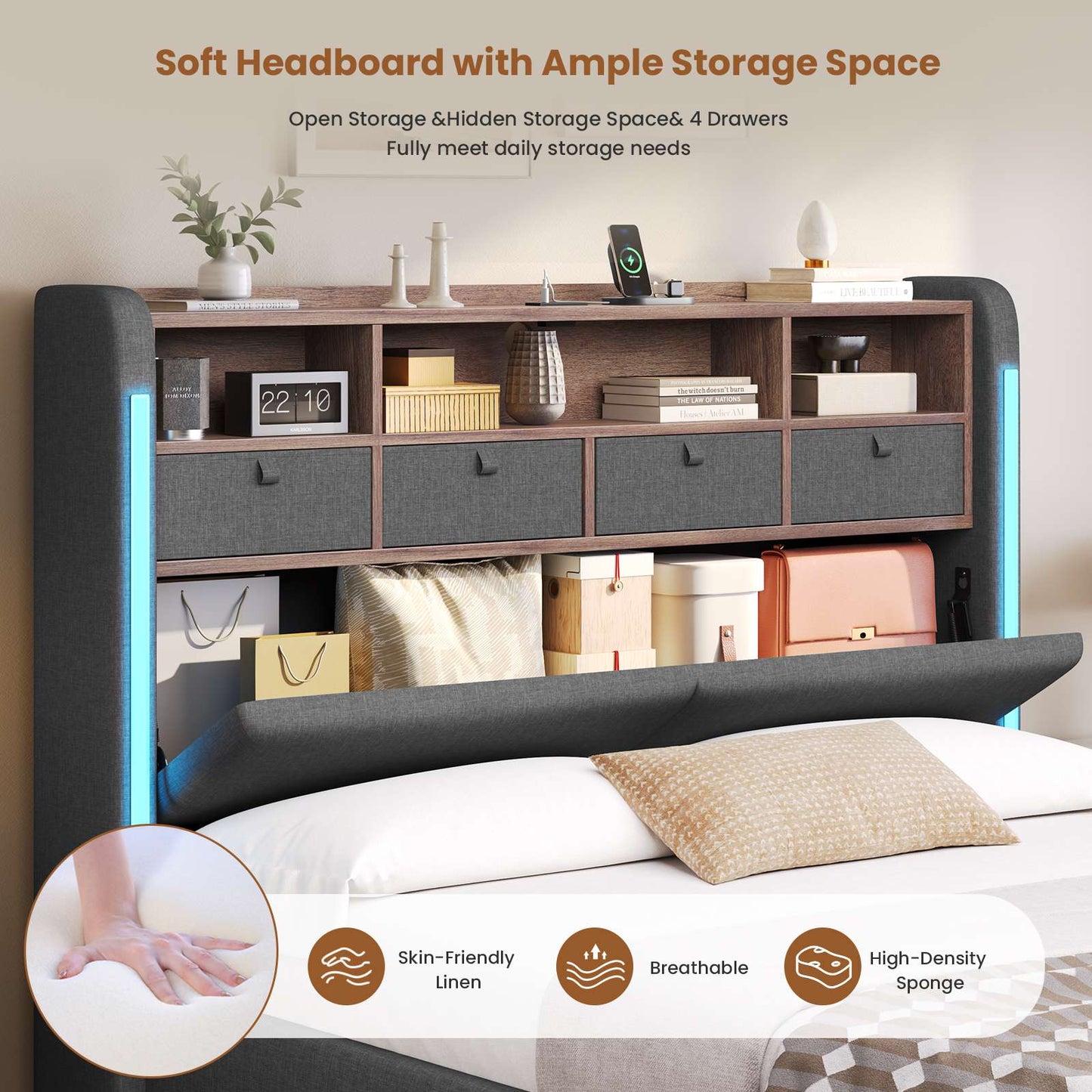 AOGLLATI Ottoman Bed Double with Storage and Led Lights 135x190CM