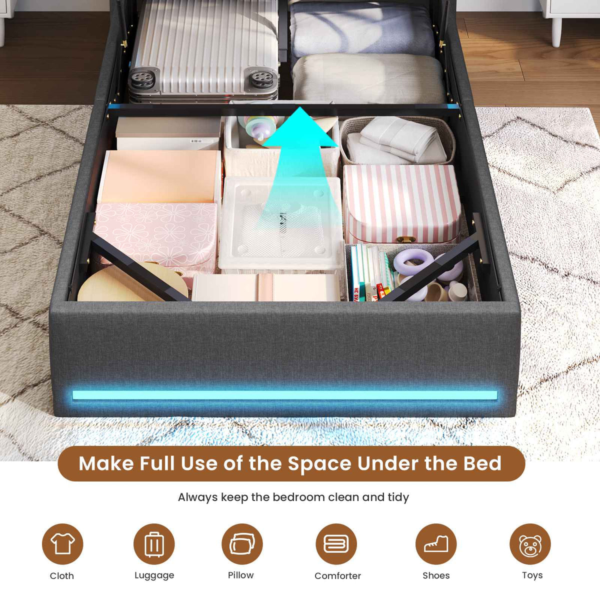 AOGLLATI single ottoman bed with storage and led lights 90x190 CM