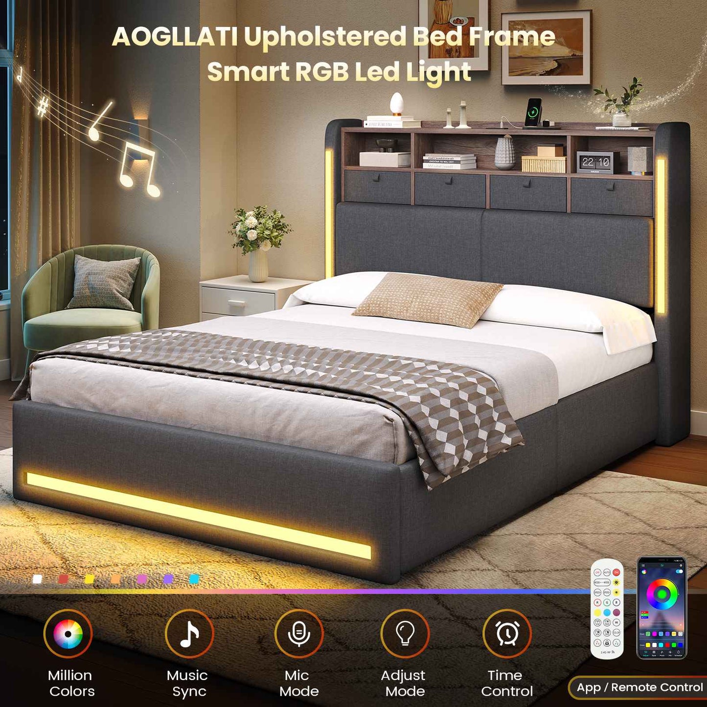 AOGLLATI Ottoman Bed Double with Storage and Led Lights 135x190CM