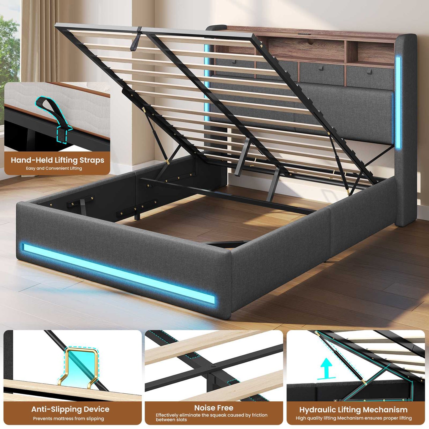 AOGLLATI Ottoman Bed Double with Storage and Led Lights 135x190CM