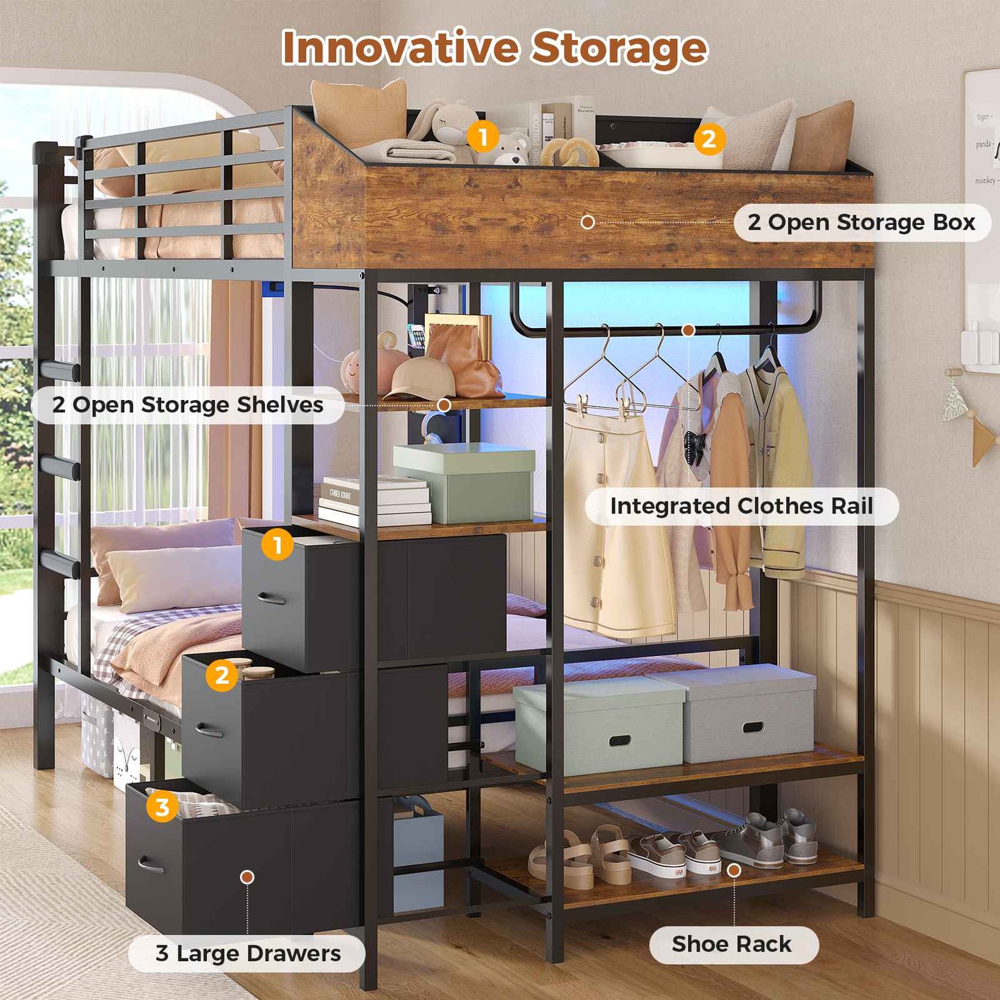AOGLLATI Bunk Bed with 3 Storage Drawers Clothes Hanger 90x190cm Black