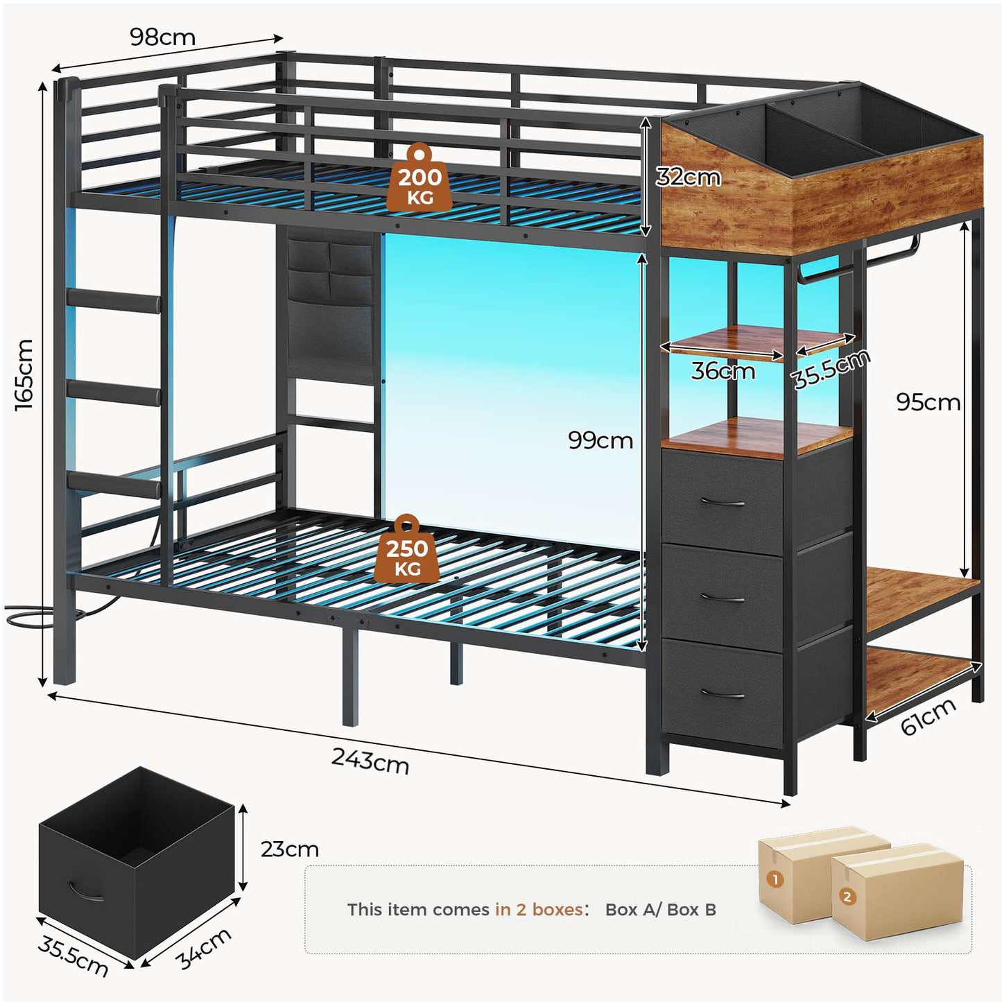 AOGLLATI Bunk Bed with 3 Storage Drawers Clothes Hanger 90x190cm Black
