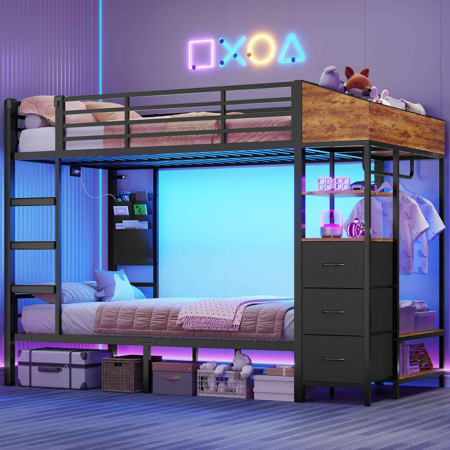 AOGLLATI Bunk Bed with 3 Storage Drawers Clothes Hanger 90x190cm Black