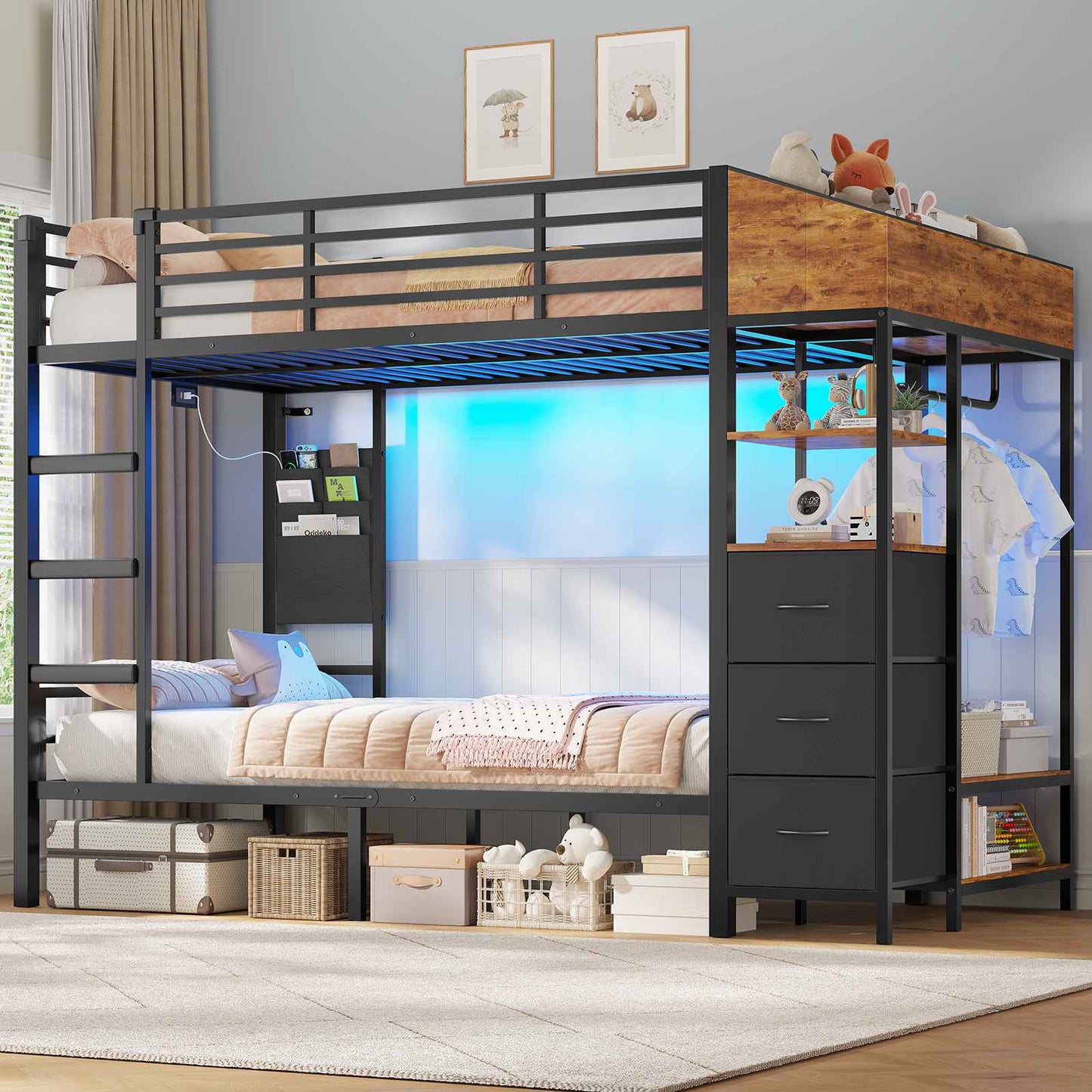 AOGLLATI Bunk Bed with 3 Storage Drawers Clothes Hanger 90x190cm Black