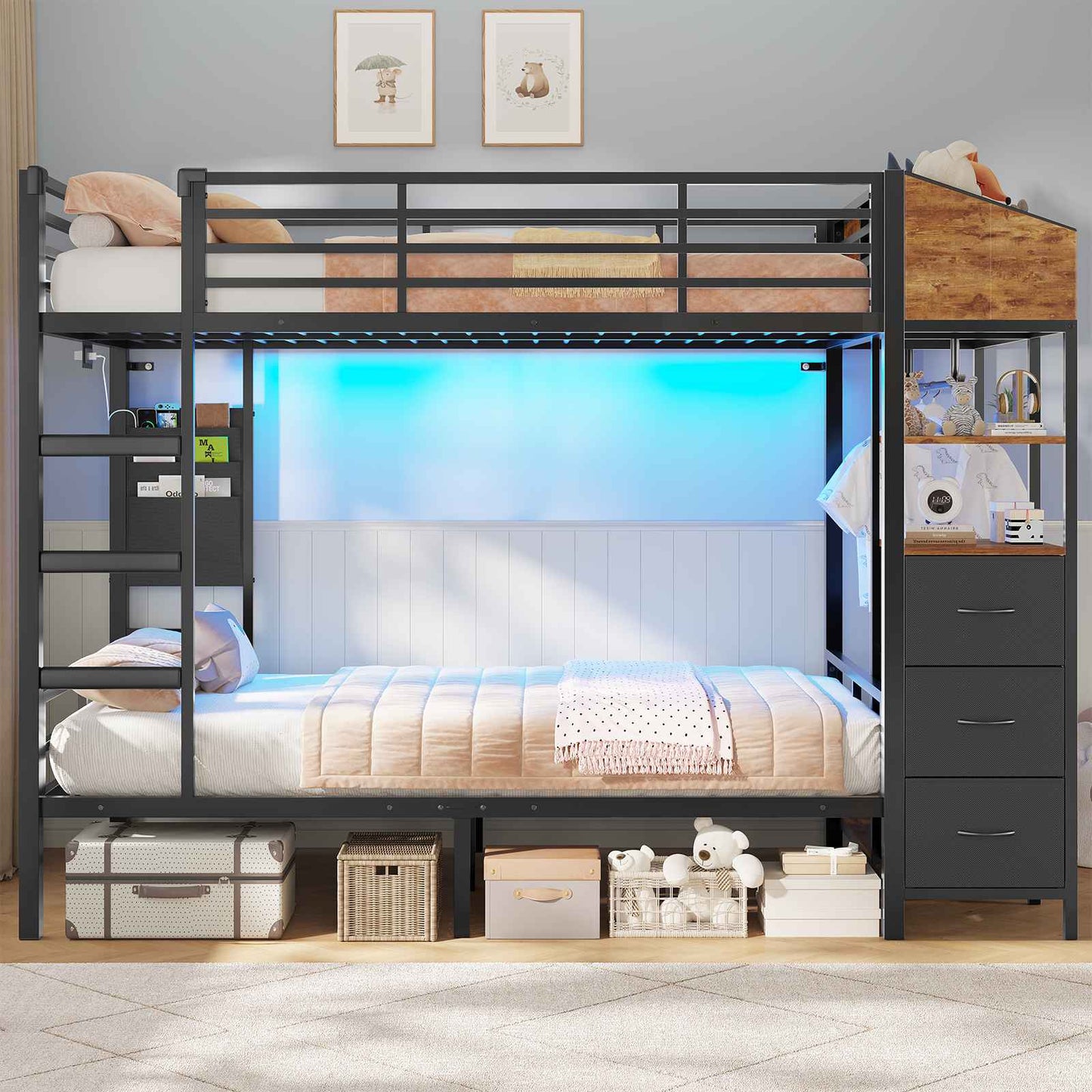 AOGLLATI Bunk Bed with 3 Storage Drawers Clothes Hanger 90x190cm Black