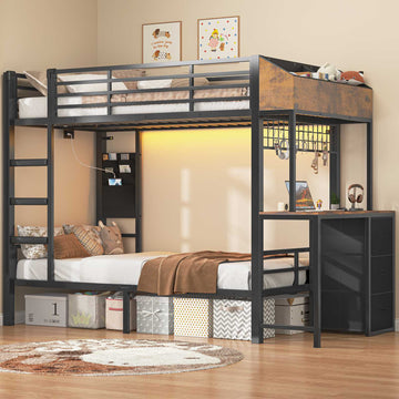 AOGLLATI Bunk Bed with Desk and 3 Storage Drawers 90x190 CM Black Single Twin Over Twin Bunk Bed with Charging Station and LED Lights