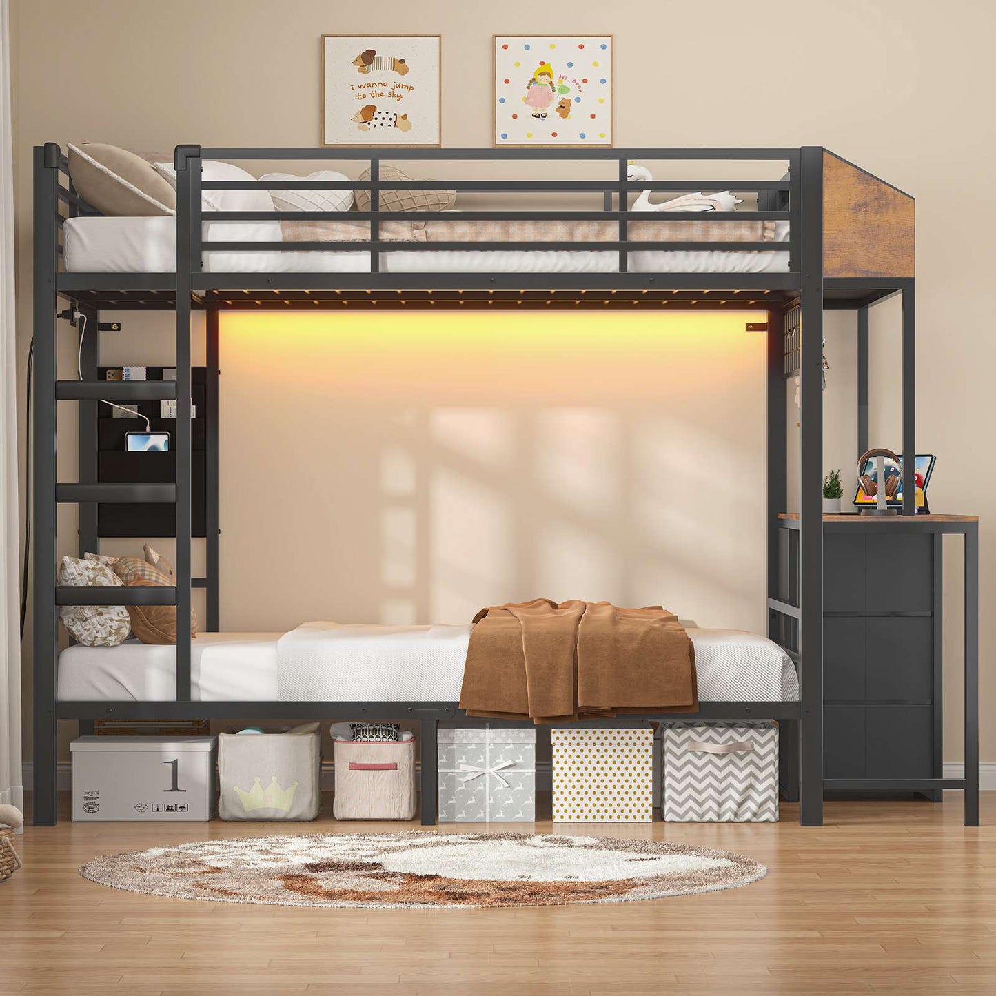 AOGLLATI Bunk Bed with Desk and 3 Storage Drawers 90x190 CM Black Single Twin Over Twin Bunk Bed with Charging Station and LED Lights