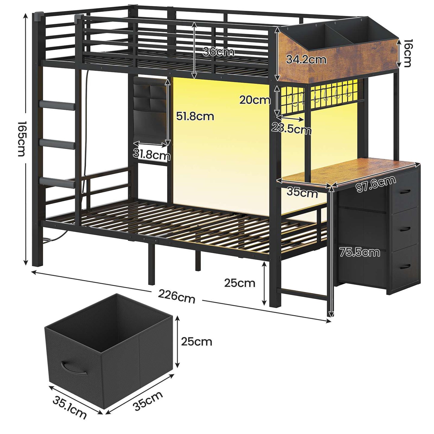 AOGLLATI Bunk Bed with Desk and 3 Storage Drawers 90x190 CM Black Single Twin Over Twin Bunk Bed with Charging Station and LED Lights