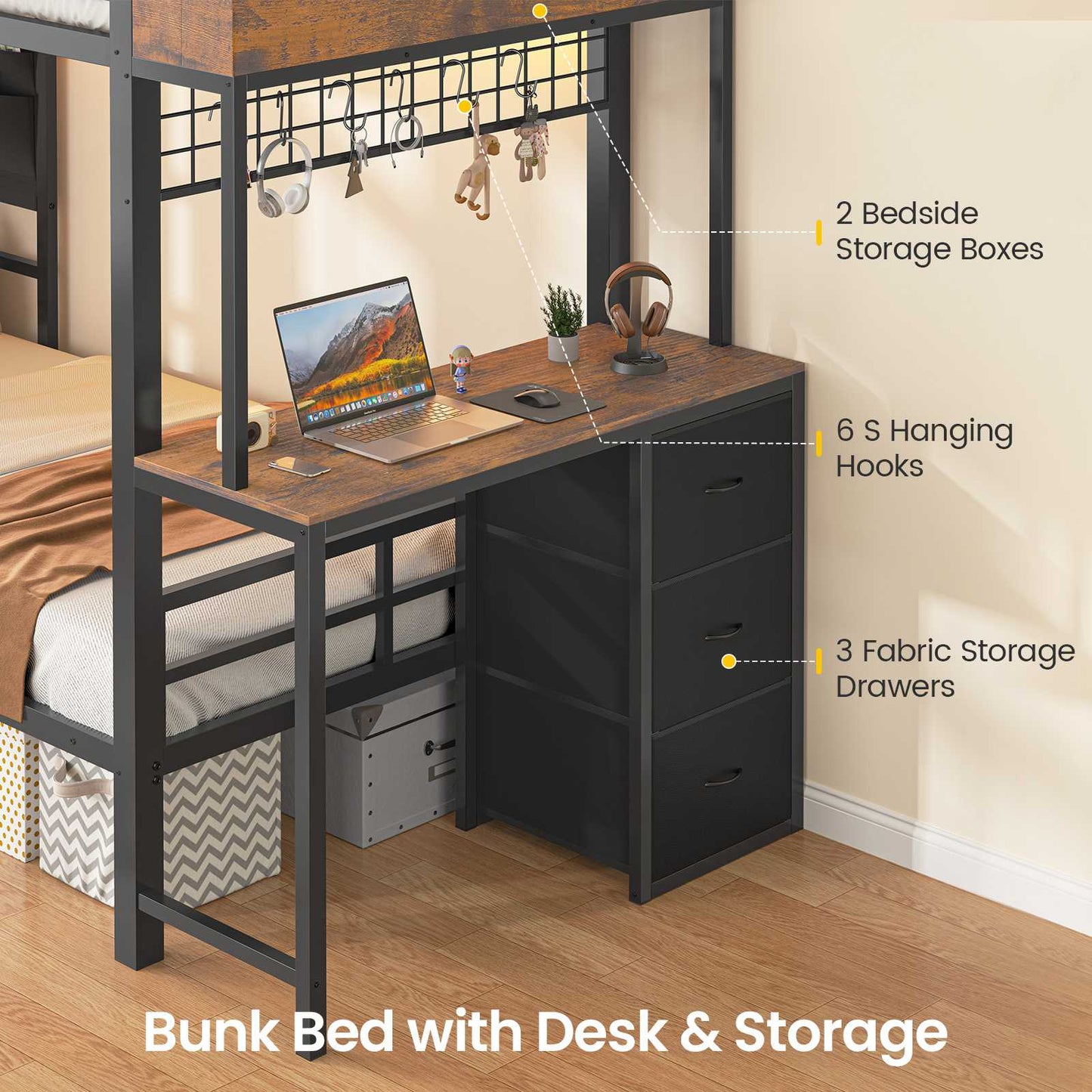 AOGLLATI Bunk Bed with Desk and 3 Storage Drawers 90x190 CM Black Single Twin Over Twin Bunk Bed with Charging Station and LED Lights