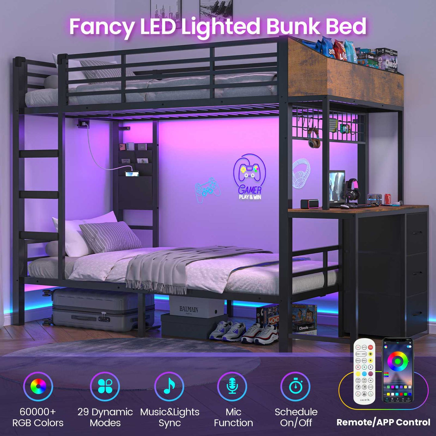 AOGLLATI Bunk Bed with Desk and 3 Storage Drawers 90x190 CM Black Single Twin Over Twin Bunk Bed with Charging Station and LED Lights