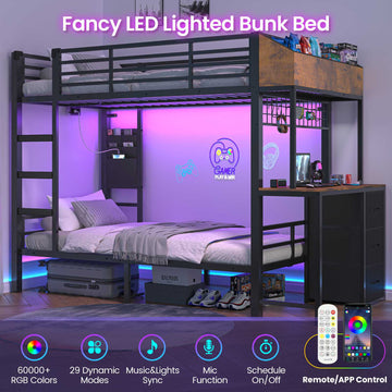 AOGLLATI Bunk Bed with Desk and 3 Storage Drawers 90x190 CM Black Single Twin Over Twin Bunk Bed with Charging Station and LED Lights