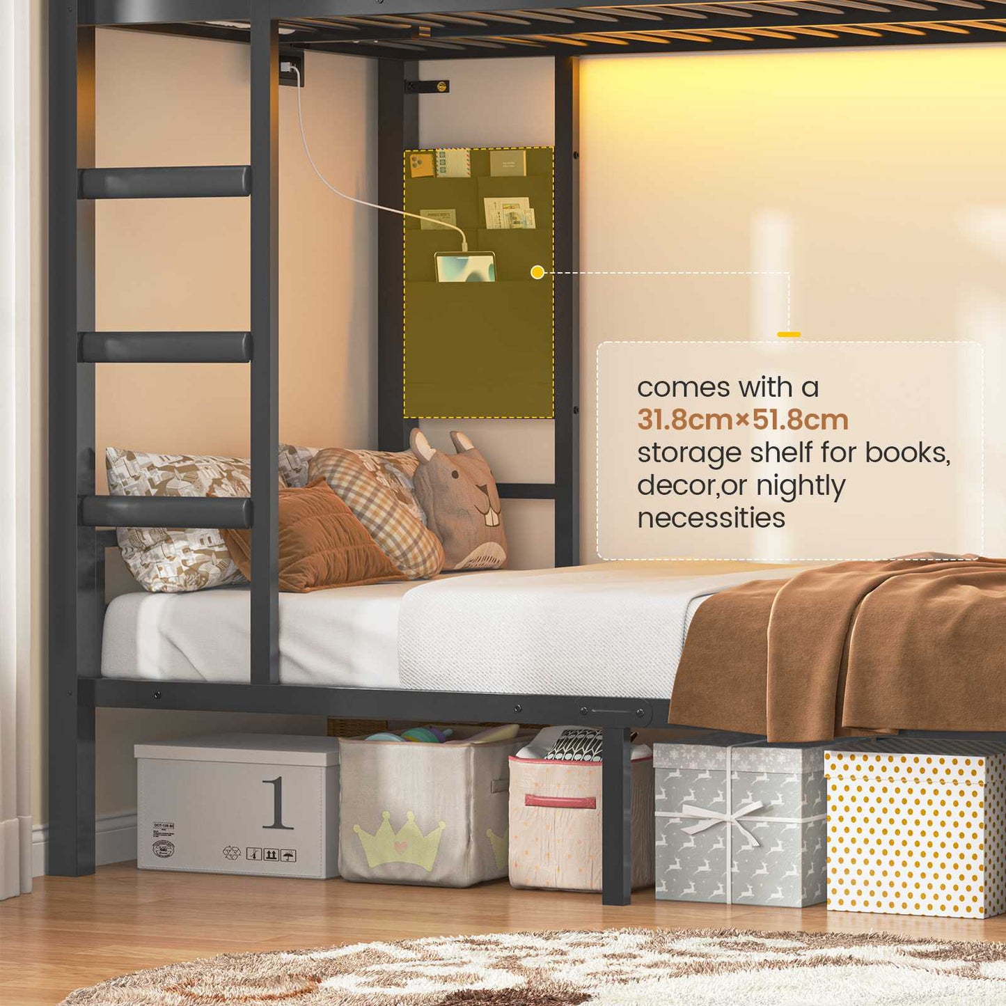 AOGLLATI Bunk Bed with Desk and 3 Storage Drawers 90x190 CM Black Single Twin Over Twin Bunk Bed with Charging Station and LED Lights