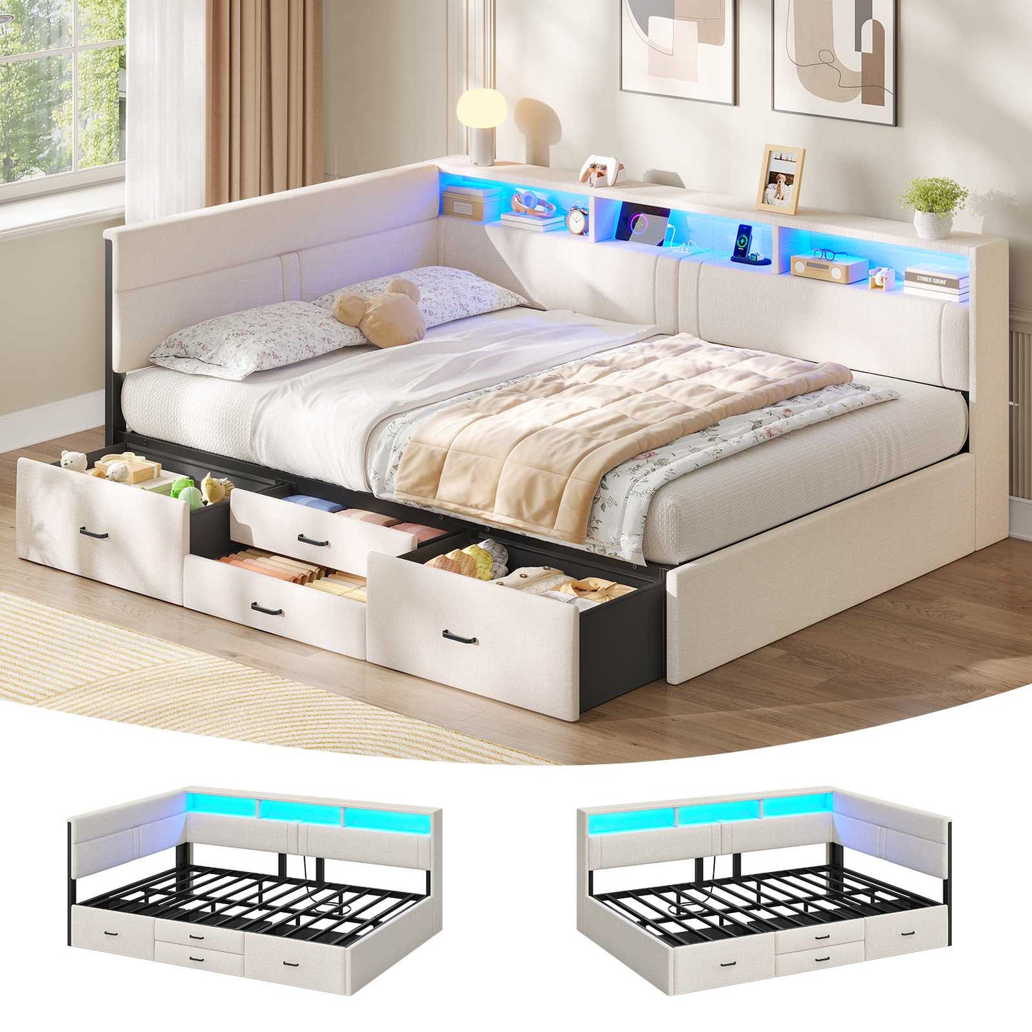 AOGLLATI Double Bed with 4 Storage Drawers Day Bed with Led Lights Corner bed with storage drawers charging station