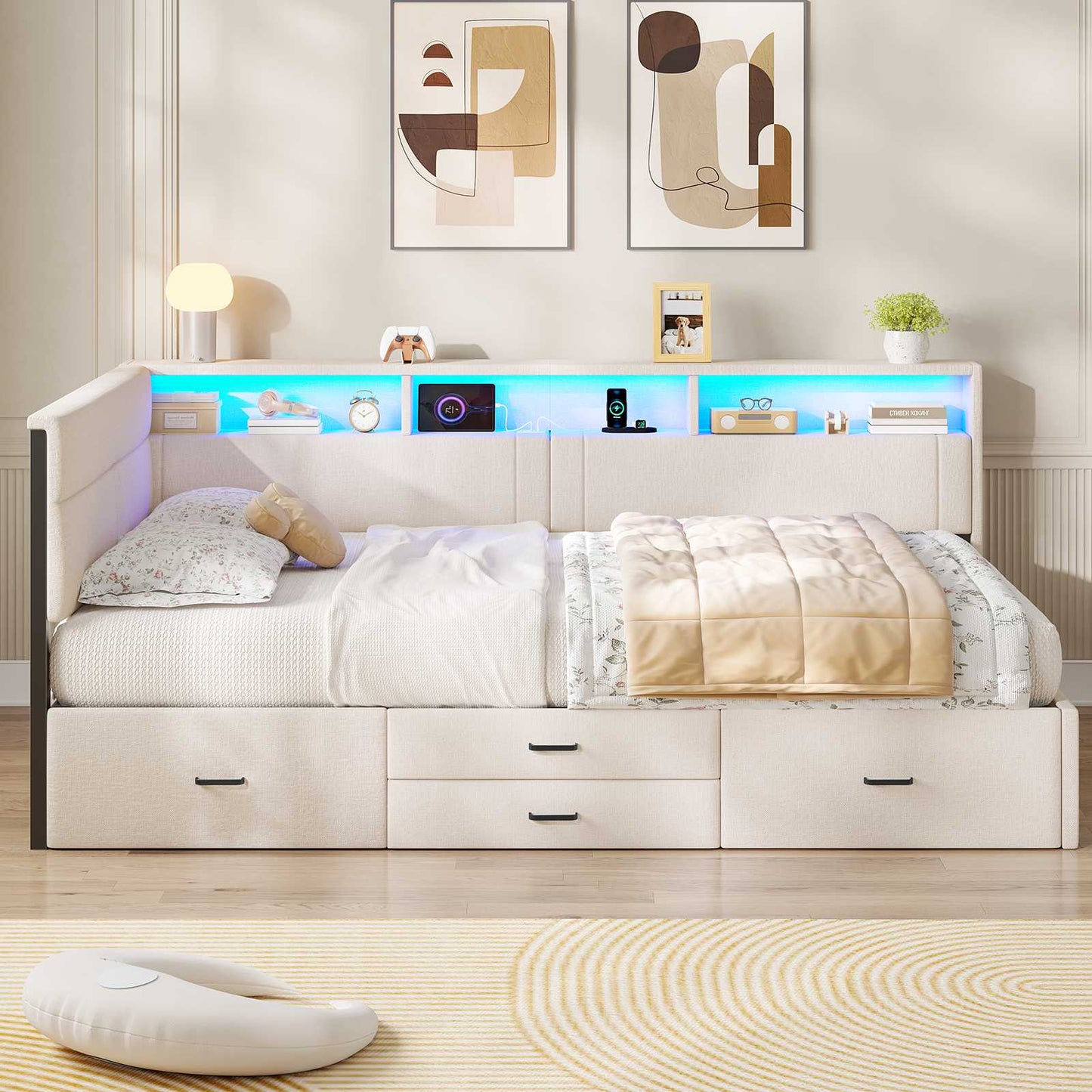 AOGLLATI Double Bed with 4 Storage Drawers Day Bed with Led Lights Corner bed with storage drawers charging station