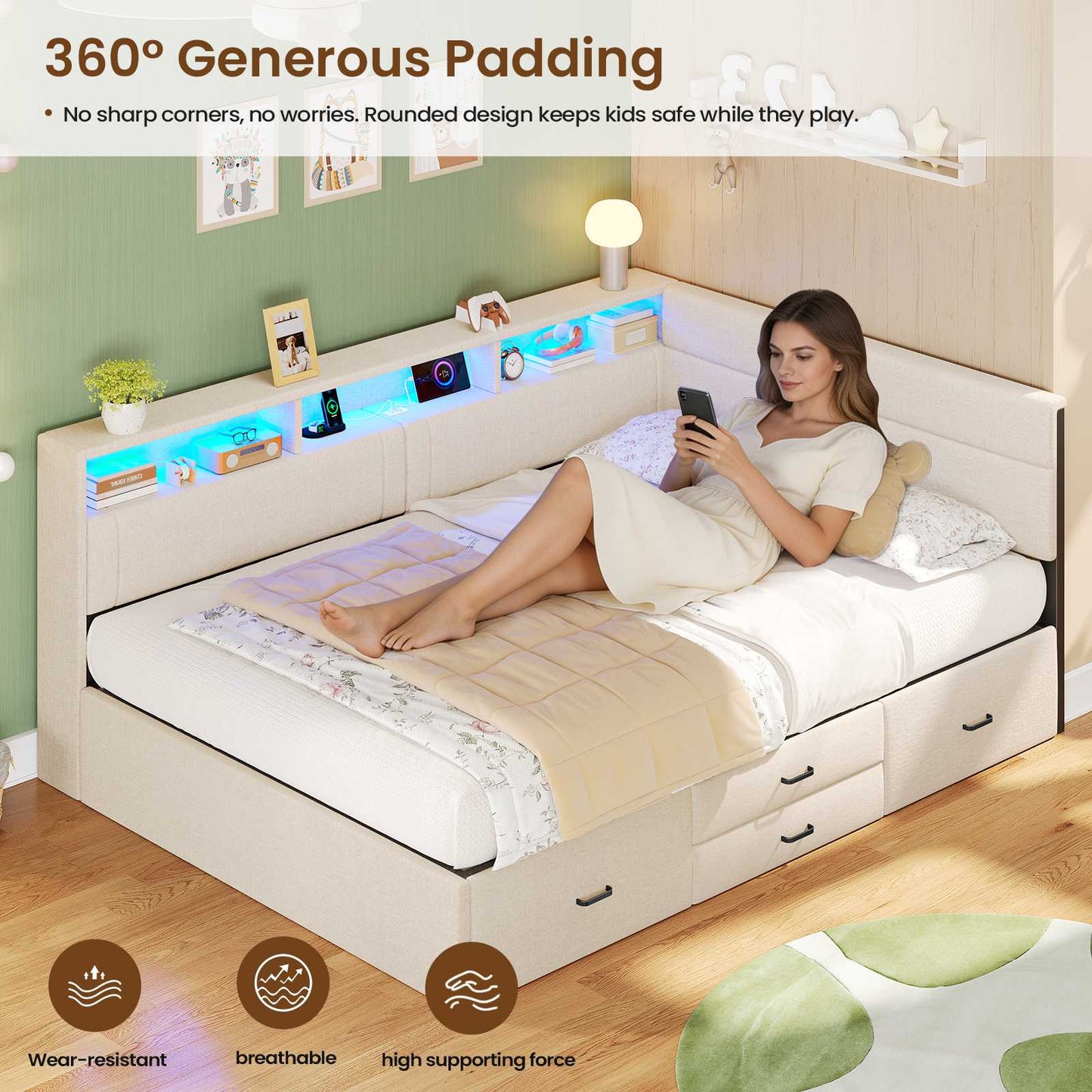 AOGLLATI Double Bed with 4 Storage Drawers Day Bed with Led Lights Corner bed with storage drawers charging station