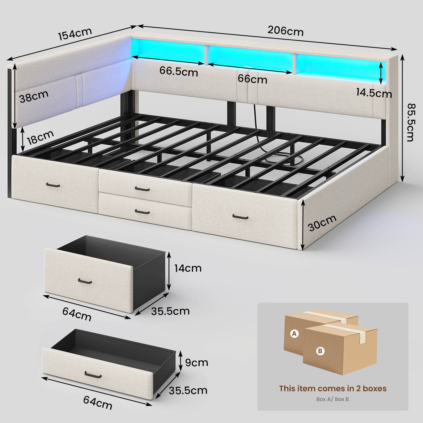 AOGLLATI Double Bed with 4 Storage Drawers Day Bed with Led Lights Corner bed with storage drawers charging station