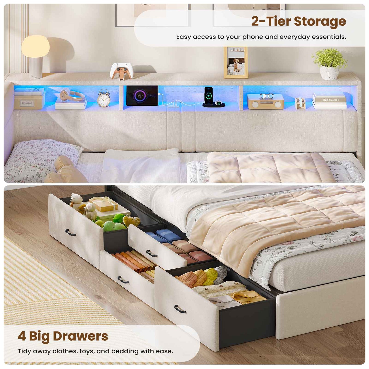 AOGLLATI Double Bed with 4 Storage Drawers Day Bed with Led Lights Corner bed with storage drawers charging station