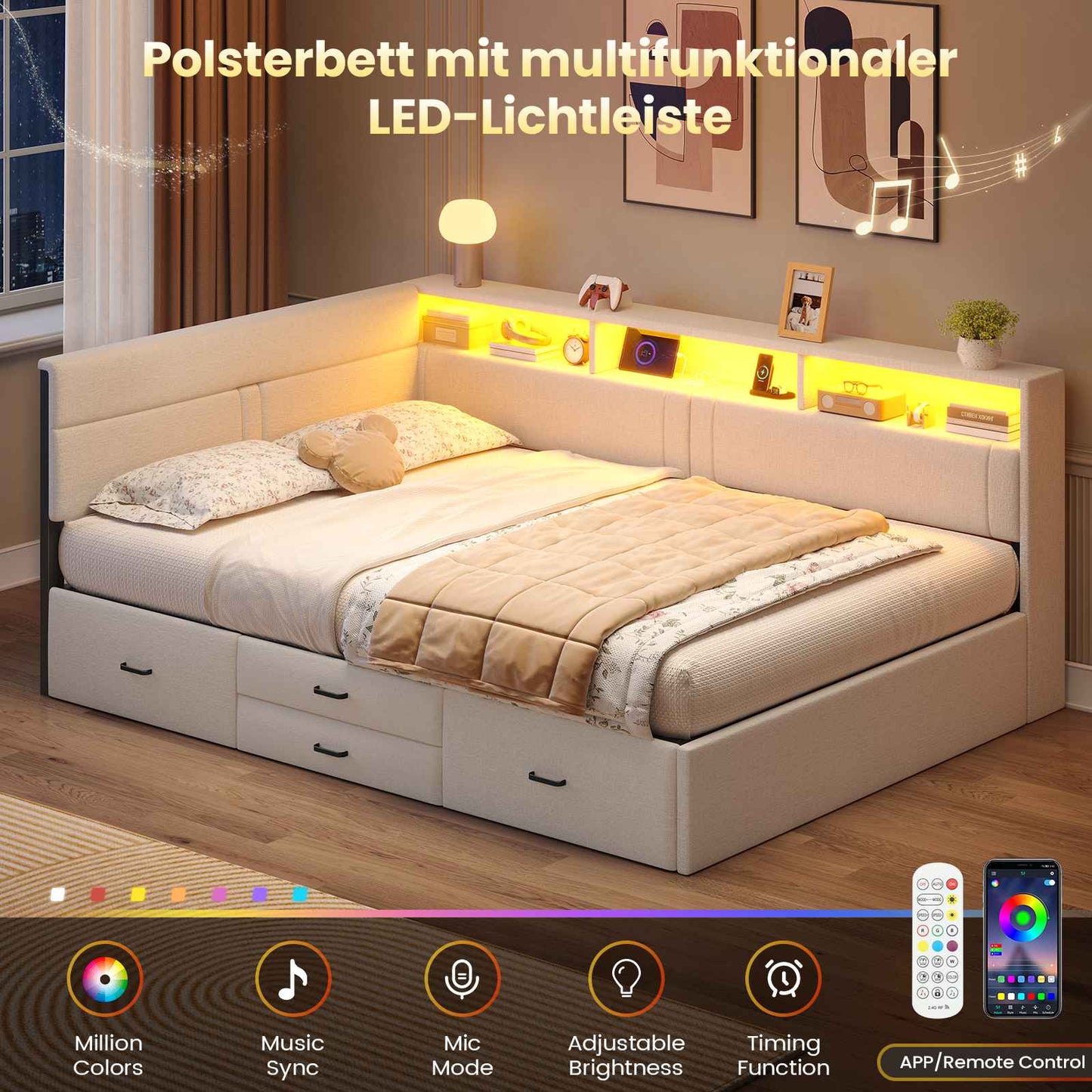 AOGLLATI Double Bed with 4 Storage Drawers Day Bed with Led Lights Corner bed with storage drawers charging station