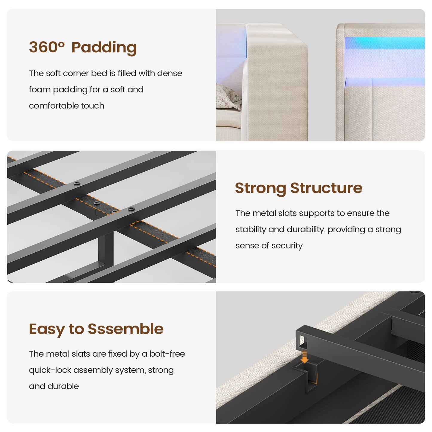 AOGLLATI Double Bed with 4 Storage Drawers Day Bed with Led Lights Corner bed with storage drawers charging station