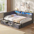 AOGLLATI Double Bed with 4 Storage Drawers Day Bed with Led Lights Corner bed with storage drawers charging station