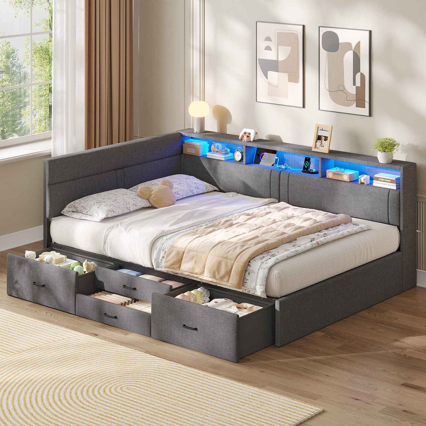 AOGLLATI Double Bed with 4 Storage Drawers Day Bed with Led Lights Corner bed with storage drawers charging station