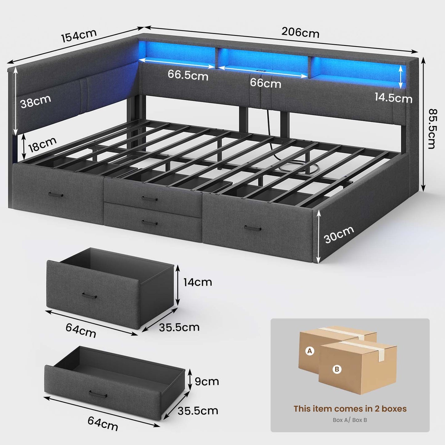 AOGLLATI Double Bed with 4 Storage Drawers Day Bed with Led Lights Corner bed with storage drawers charging station
