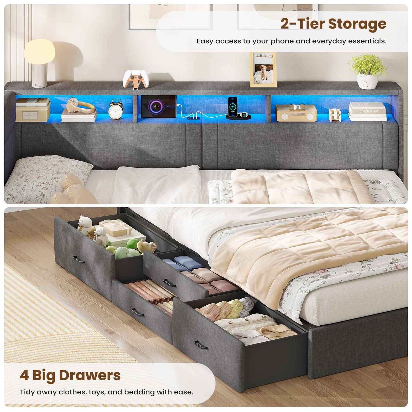 AOGLLATI Double Bed with 4 Storage Drawers Day Bed with Led Lights Corner bed with storage drawers charging station