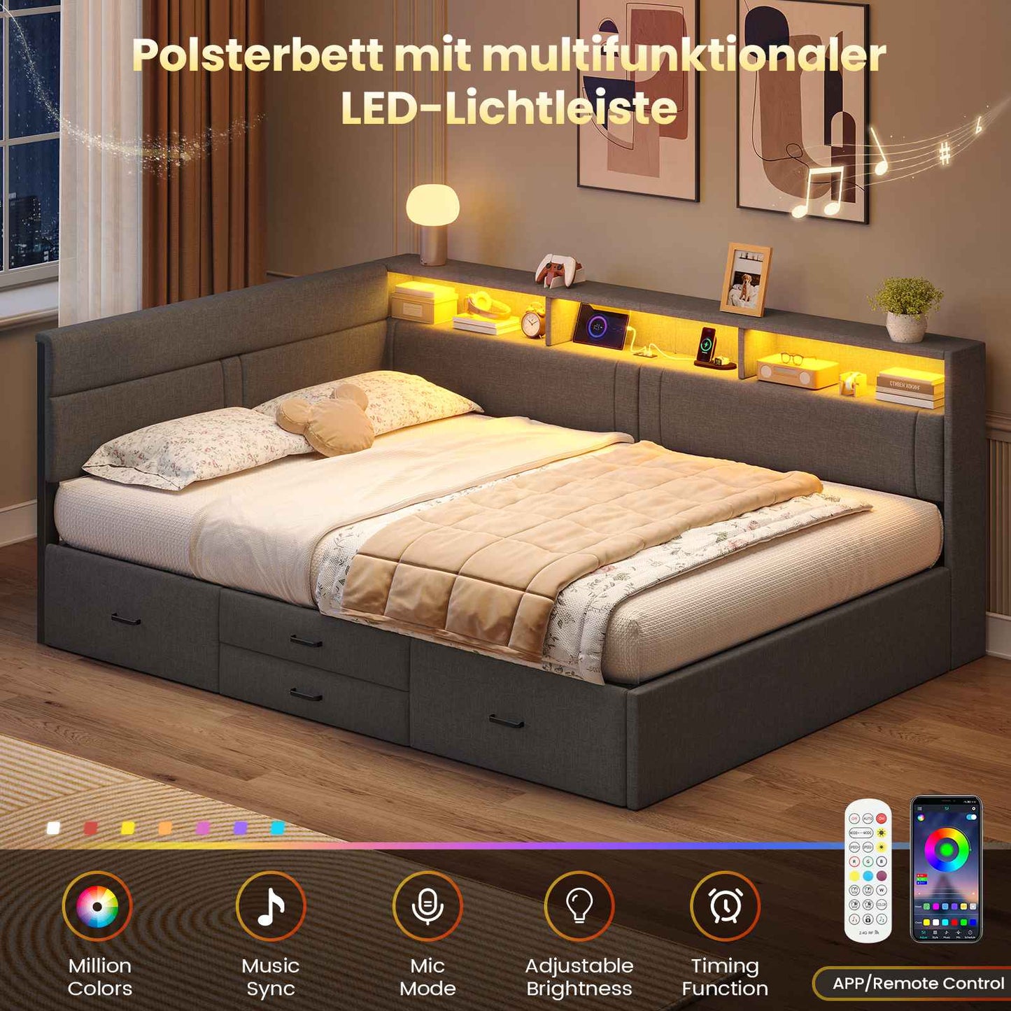 AOGLLATI Double Bed with 4 Storage Drawers Day Bed with Led Lights Corner bed with storage drawers charging station
