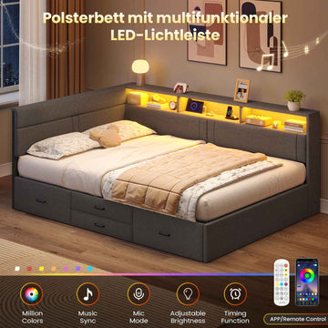 AOGLLATI Double Bed with 4 Storage Drawers Day Bed with Led Lights Corner bed with storage drawers charging station