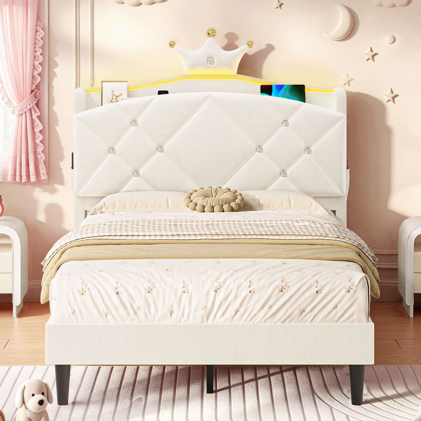 AOGLLATI Single Bed with Storage Headboard 90x190 CM