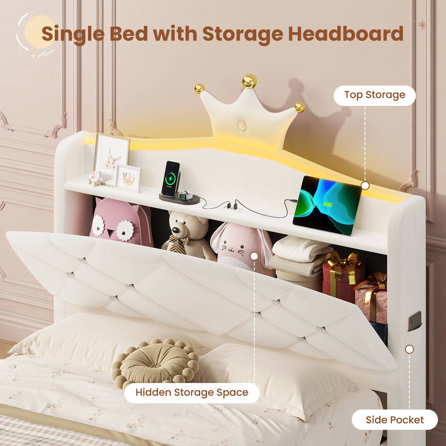 AOGLLATI Single Bed with Storage Headboard 90x190 CM