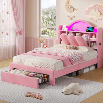 AOGLLATI Single Bed with Led Lights and Storage Drawers Headboard