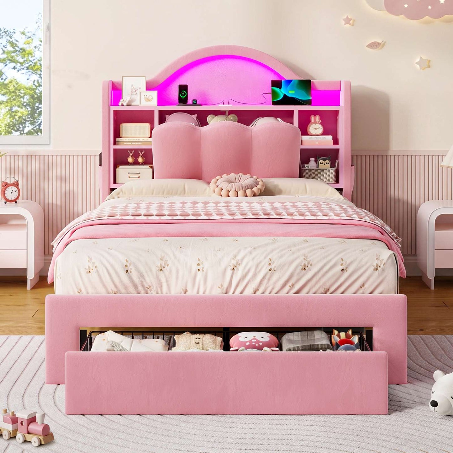 AOGLLATI Single Bed with Led Lights and Storage Drawers Headboard