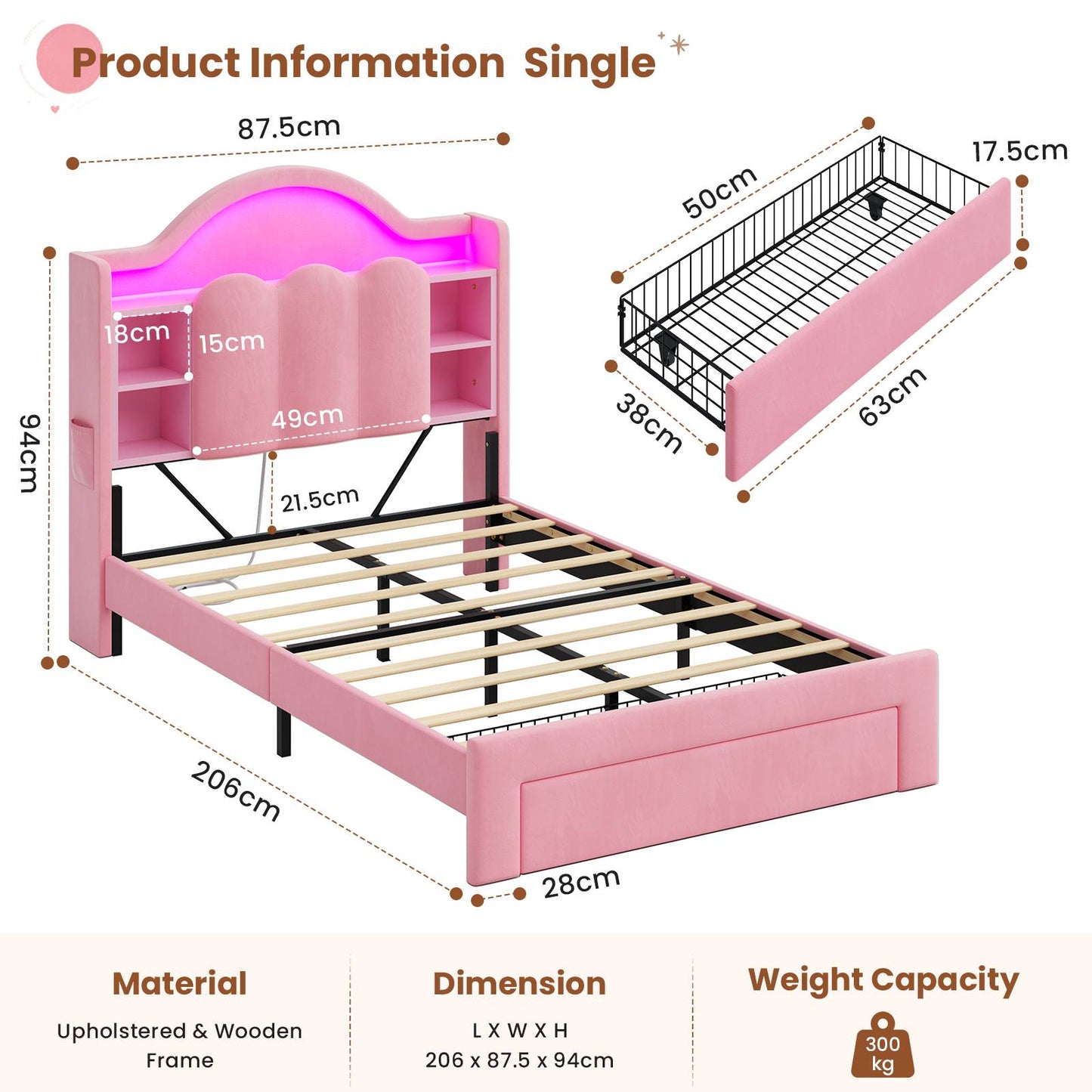 AOGLLATI Single Bed with Led Lights and Storage Drawers Headboard