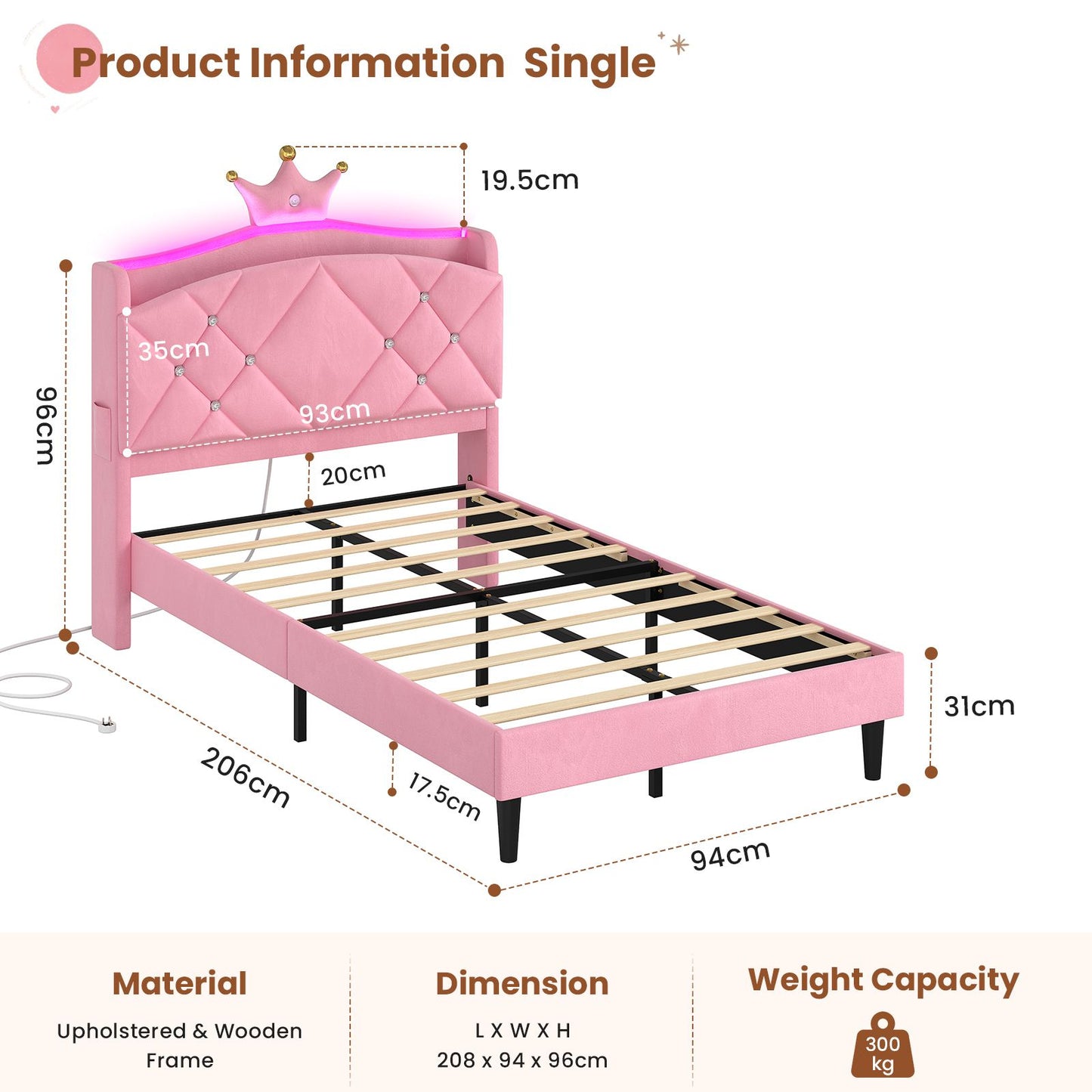 AOGLLATI Single Bed with Storage Headboard 90x190 CM