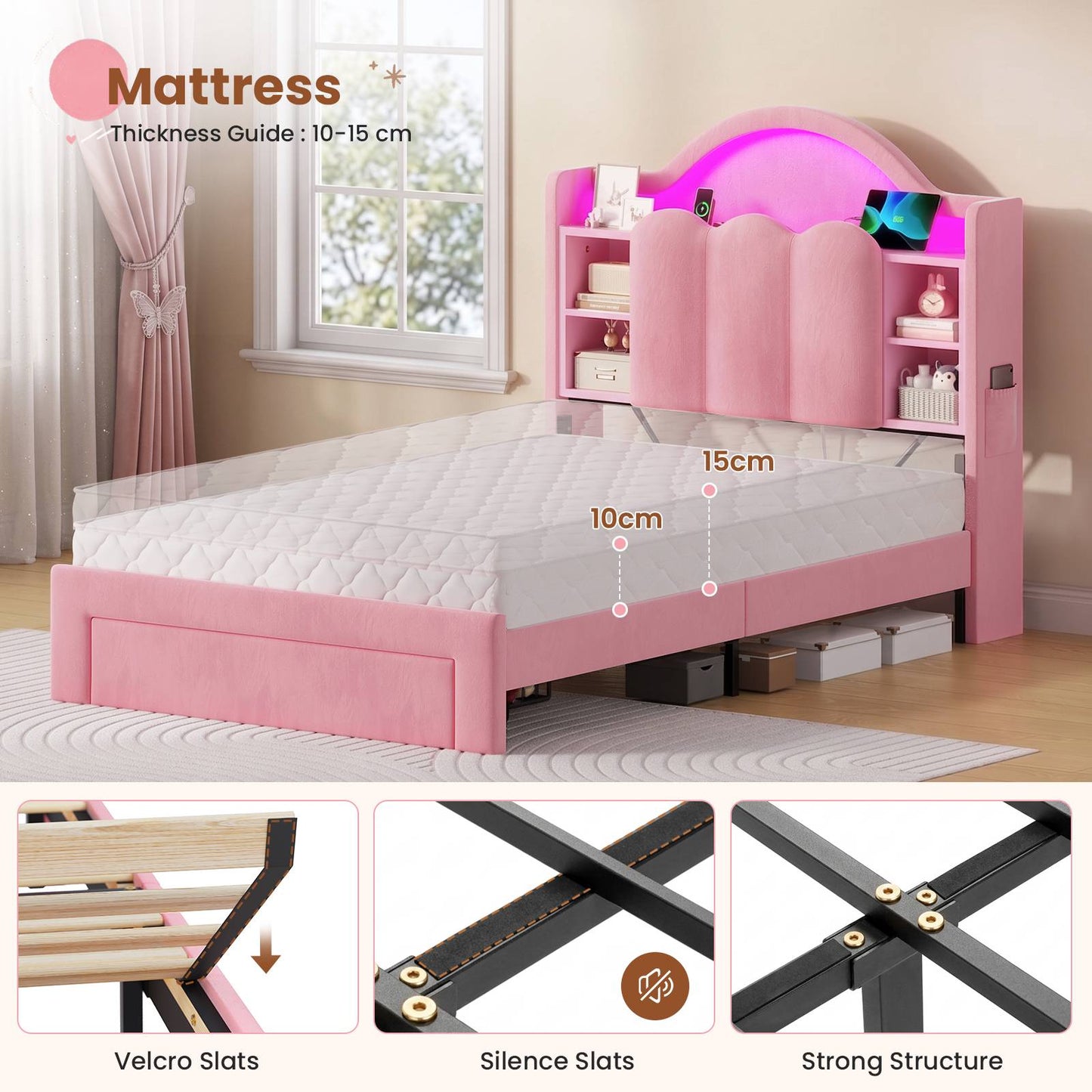 AOGLLATI Single Bed with Led Lights and Storage Drawers Headboard