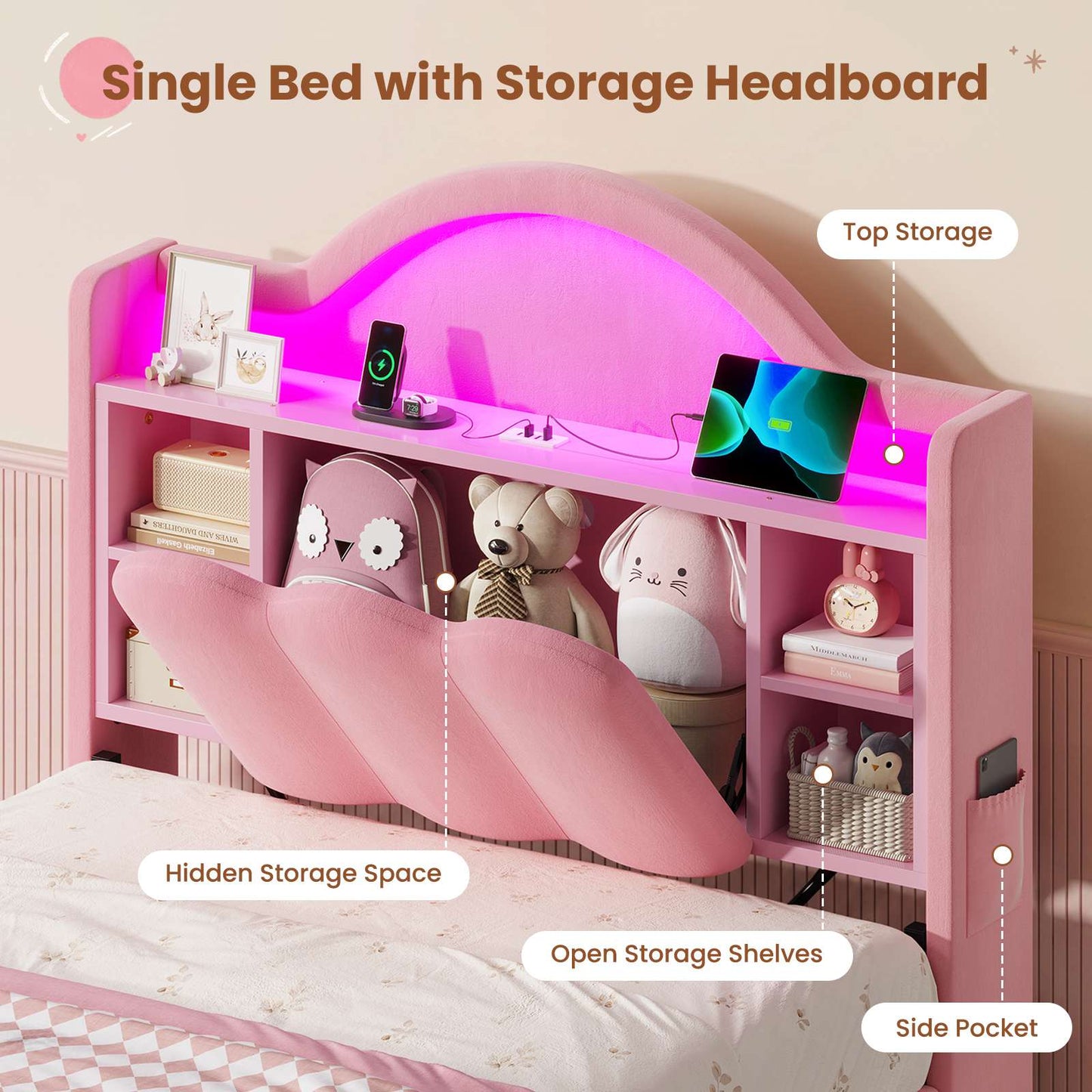 AOGLLATI Single Bed with Led Lights and Storage Drawers Headboard