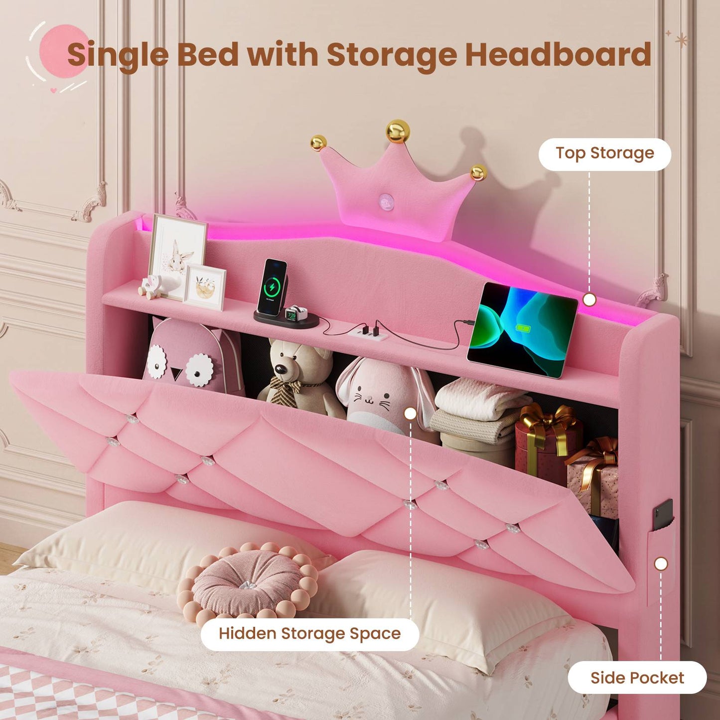 AOGLLATI Single Bed with Storage Headboard 90x190 CM