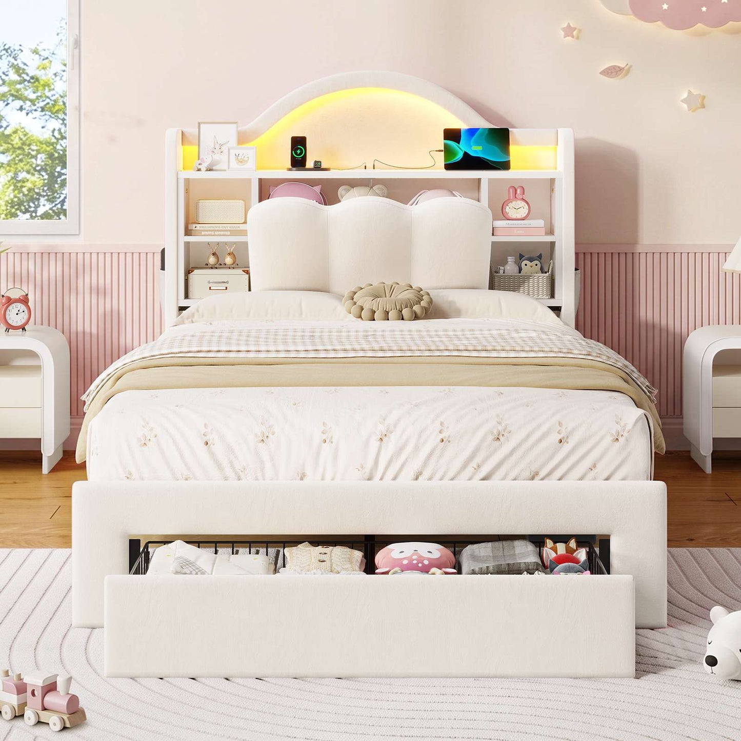 AOGLLATI Single Bed with Led Lights and Storage Drawers Headboard