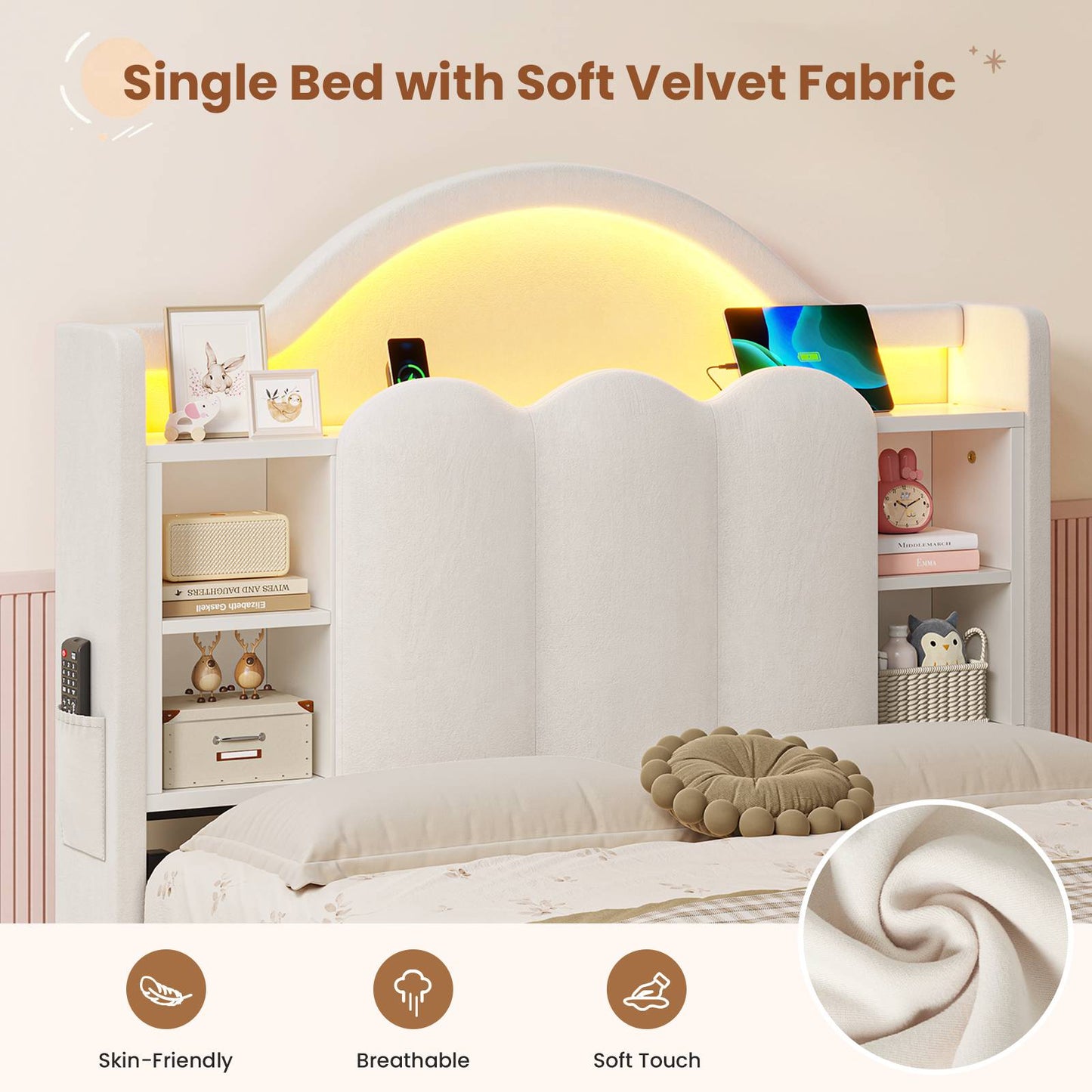 AOGLLATI Single Bed with Led Lights and Storage Drawers Headboard