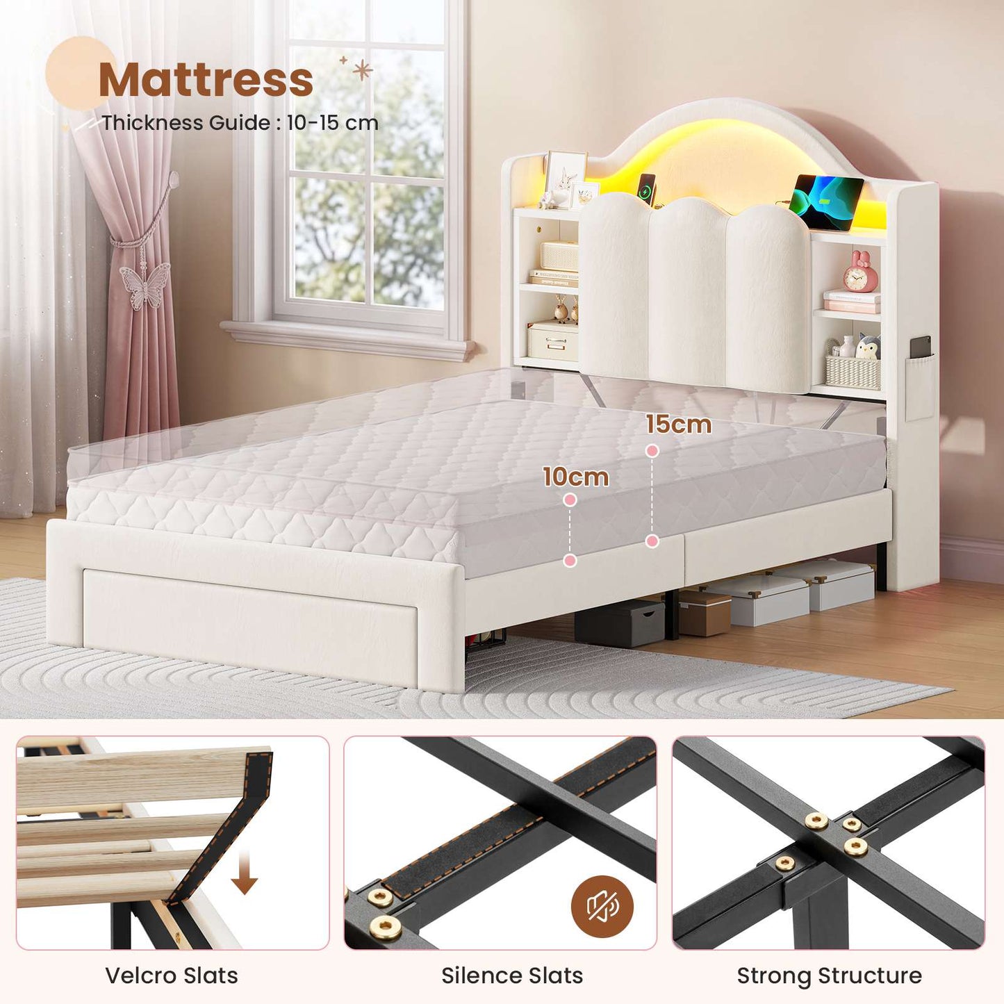 AOGLLATI Single Bed with Led Lights and Storage Drawers Headboard