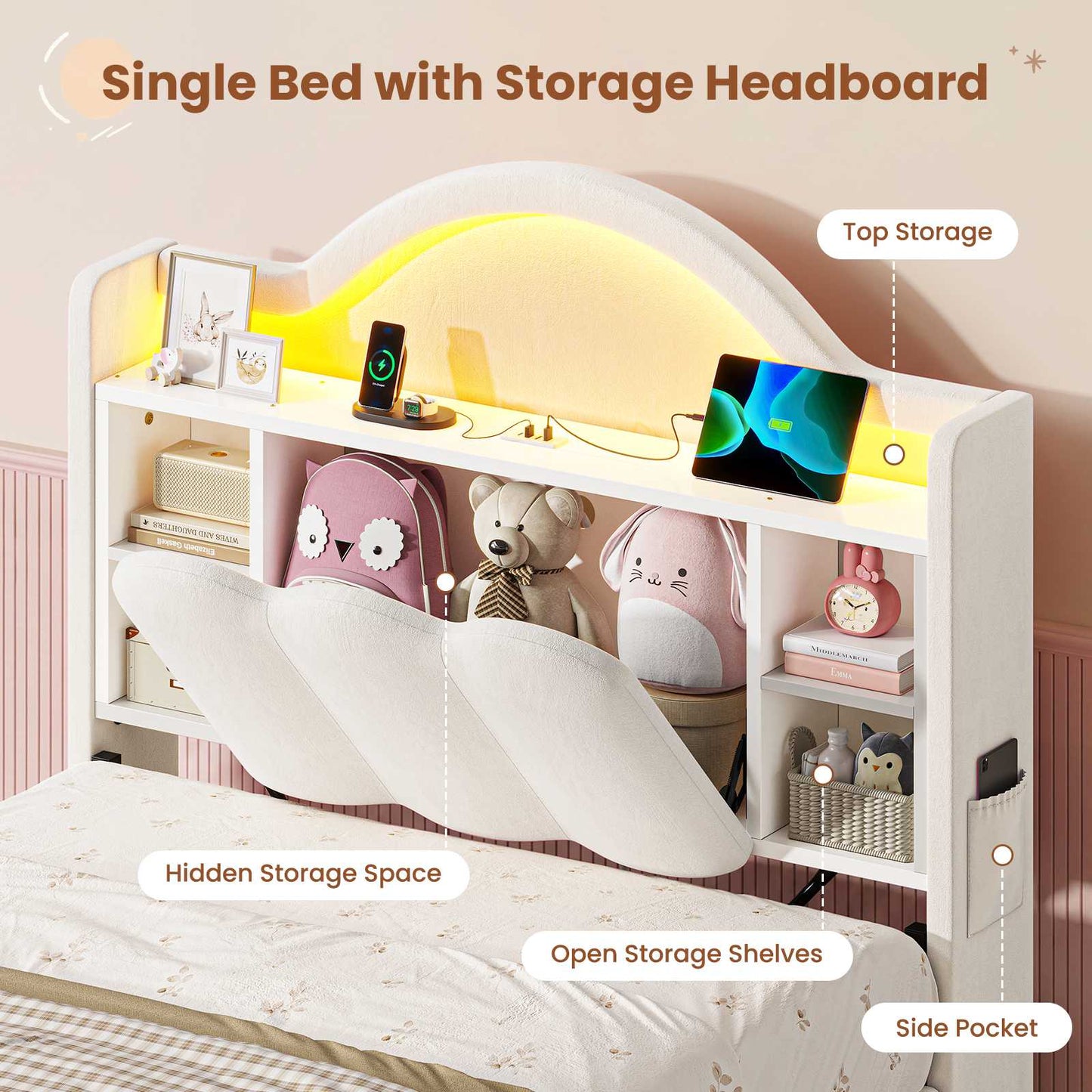 AOGLLATI Single Bed with Led Lights and Storage Drawers Headboard