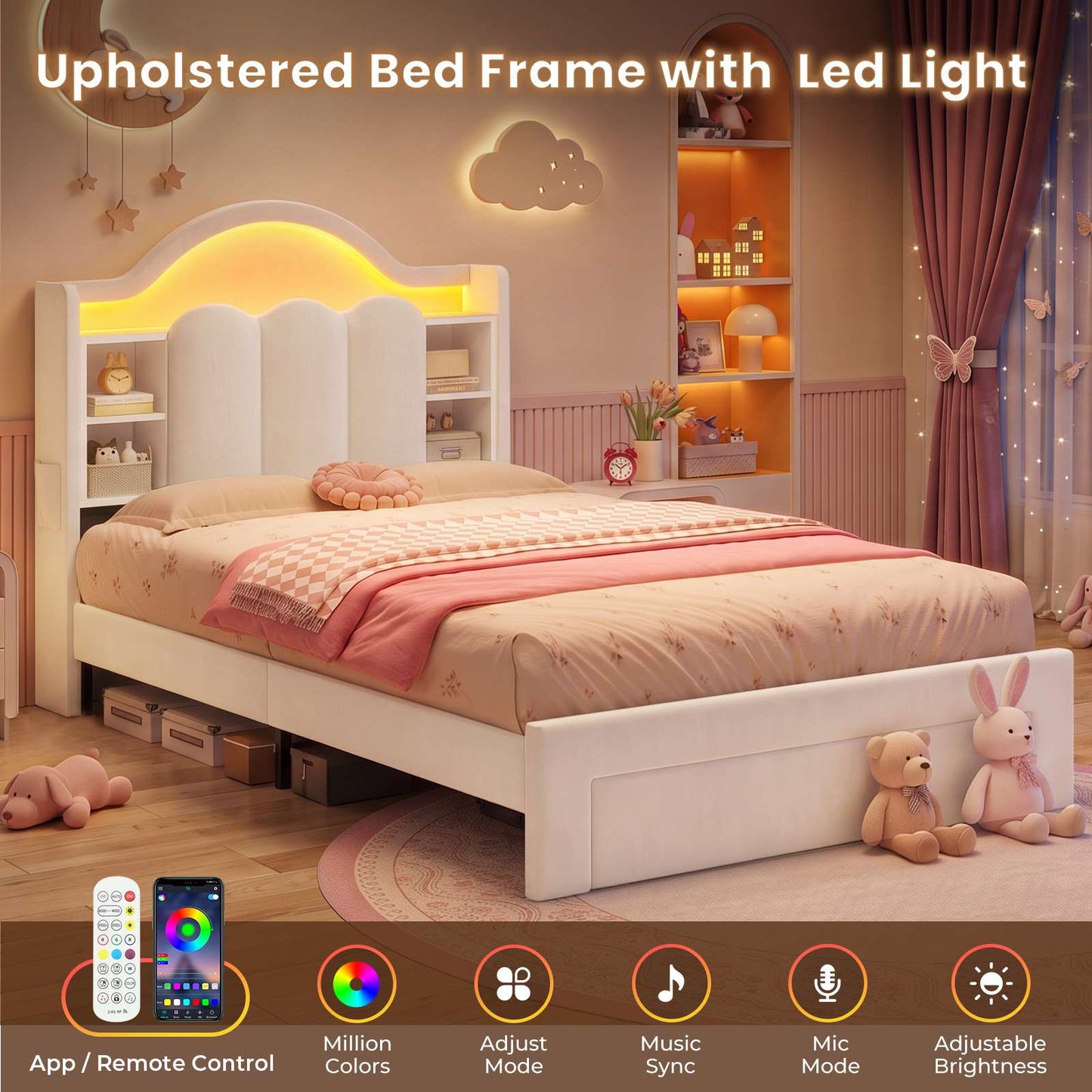 AOGLLATI Single Bed with Led Lights and Storage Drawers Headboard