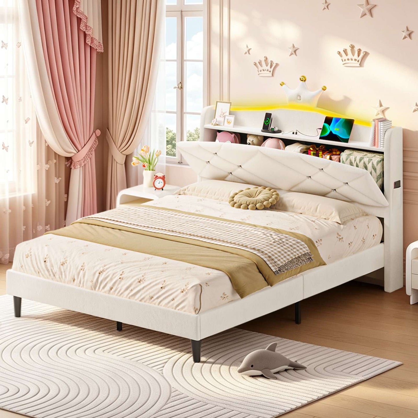 AOGLLATI Double Bed Frame with Storage Headboard 135x190 CM