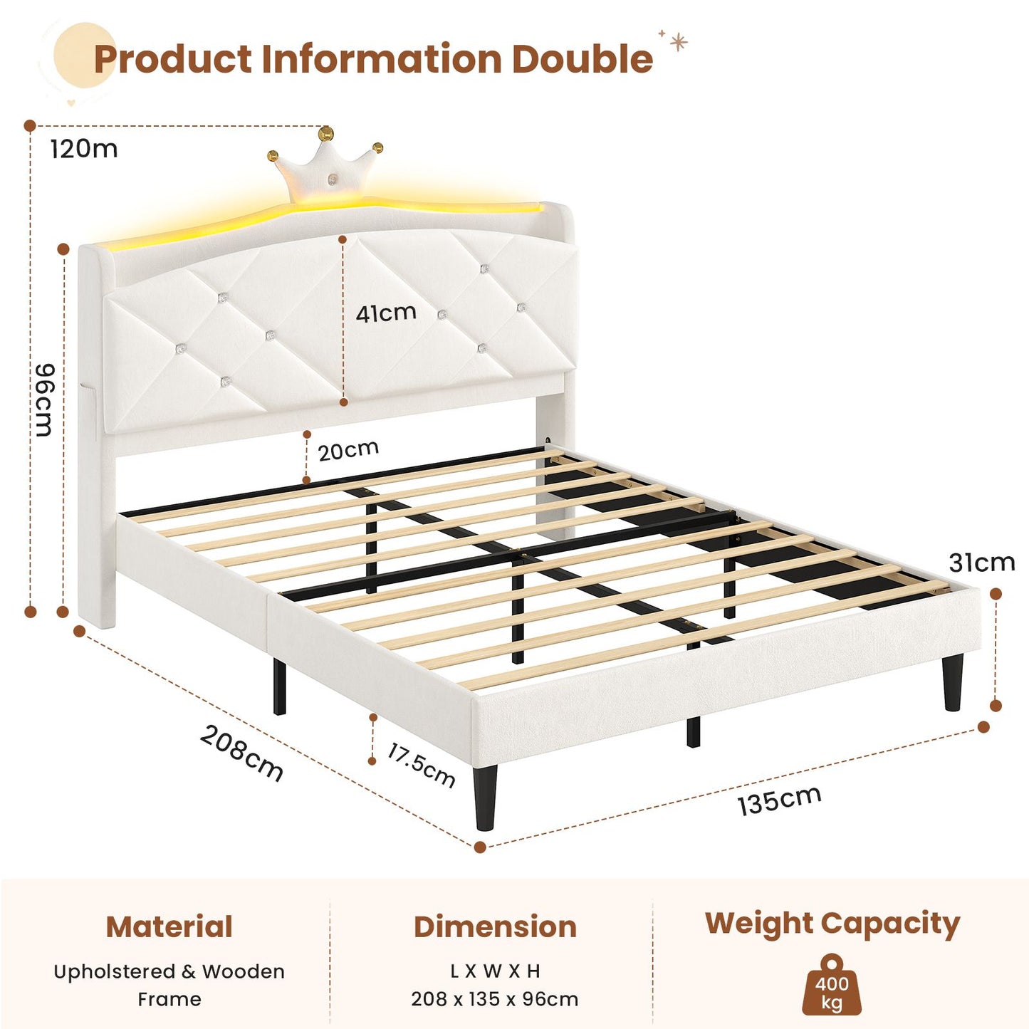 AOGLLATI Double Bed Frame with Storage Headboard 135x190 CM