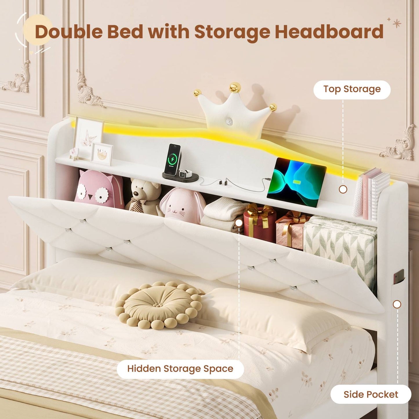 AOGLLATI Double Bed Frame with Storage Headboard 135x190 CM