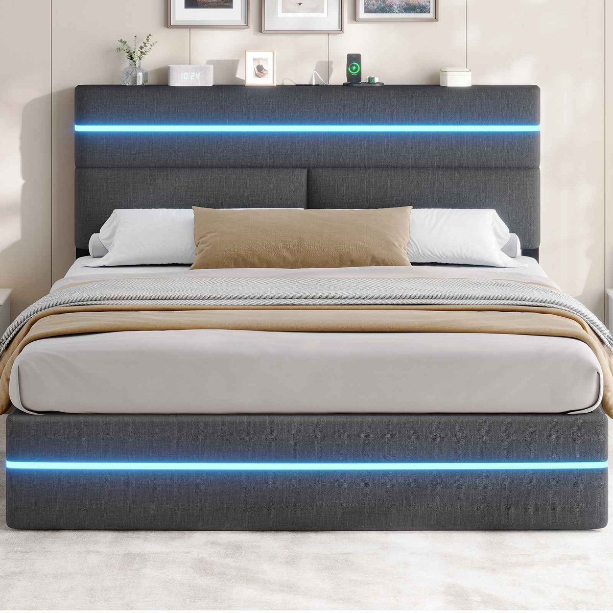 AOGLLATI King Size Ottoman Bed Frame with Storage LED Lights