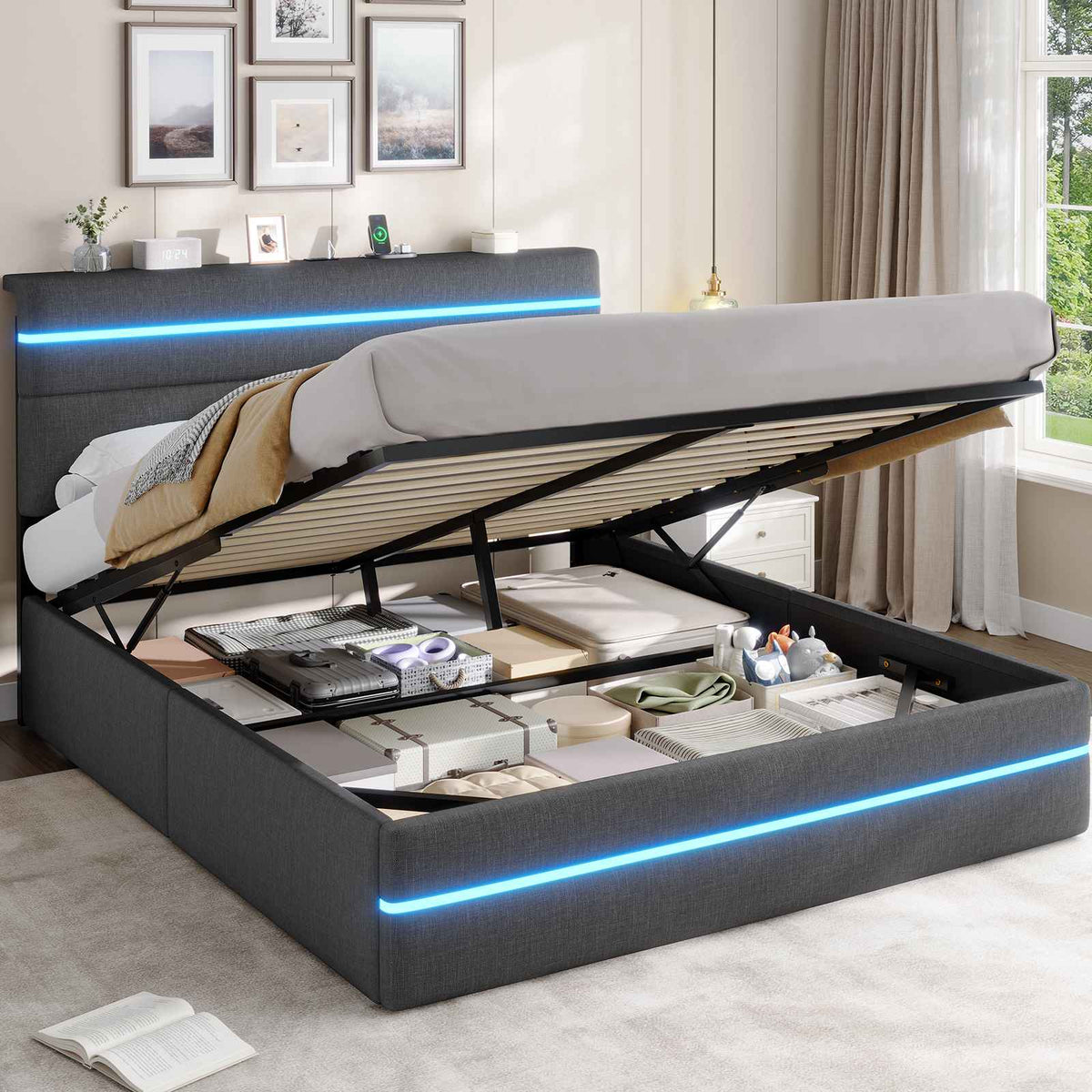 AOGLLATI King Size Ottoman Bed Frame with Storage LED Lights
