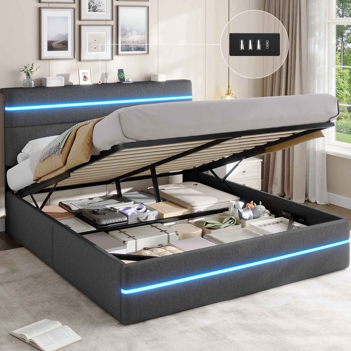 AOGLLATI King Size Ottoman Bed Frame with Storage LED Lights