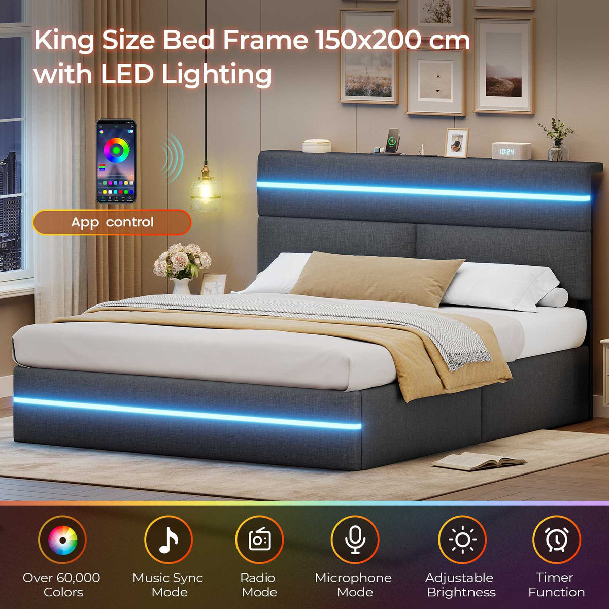 AOGLLATI King Size Ottoman Bed Frame with Storage LED Lights